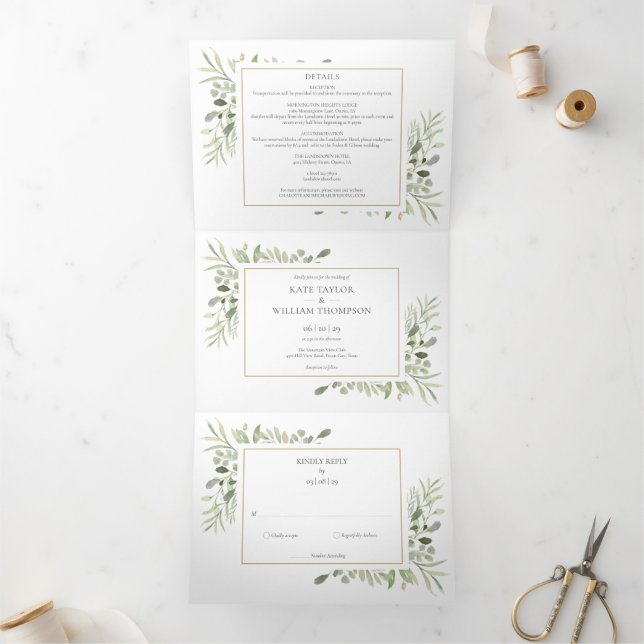 Botanische Grünpflanzen Blätter Foto Hochzeit Dreifach Gefaltete Einladung (Innenseite)