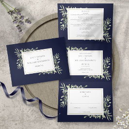 Botanische Grünpflanzen Blätter Navy Blue Foto Hoc Dreifach Gefaltete Einladung