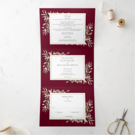 Botanische Grünpflanzen Burgund Foto Wedding Dreifach Gefaltete Einladung