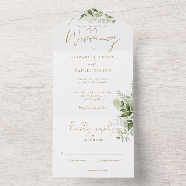 Botanische Grünpflanzen Elegant Gold Monogram Wedd All In One Einladung (Innen Boden)