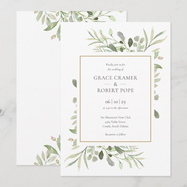 Botanische Grünpflanzen Foliage Gold Geometric Wed Einladung (Vorne/Hinten)