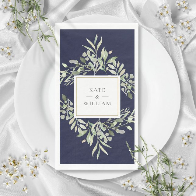 Botanische Grünpflanzen Foliage Navy Blue Wedding Serviette (Botanical Greenery Foliage Navy Blue Wedding Paper Guest Towels)