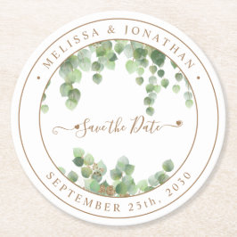 Botanische Grünpflanzen Gold Hochzeit retten Datum Runder Pappuntersetzer