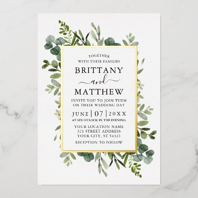 Botanische Grünpflanzen Hochzeit Gold Folieneinladung (Vorderseite)