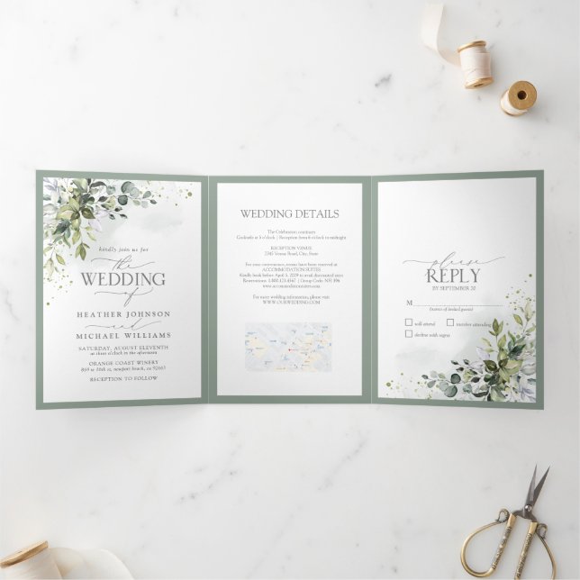 Botanische Grünpflanzen Hochzeit im Wasser Dreifach Gefaltete Einladung (Innenseite)