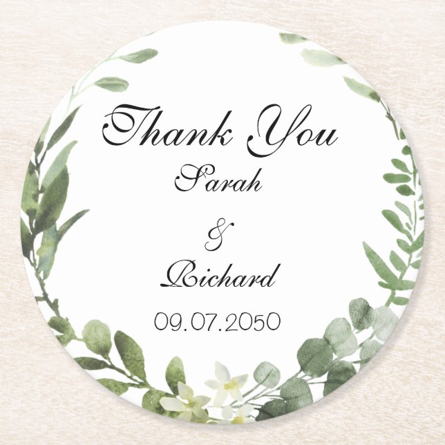 Botanische Grünpflanzen Hochzeitsticker Runder Pappuntersetzer (Vorderseite)