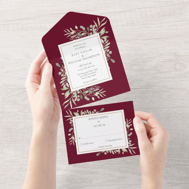 Botanische Grünpflanzen Monogram Burgundy Wedding All In One Einladung (Abreißen)