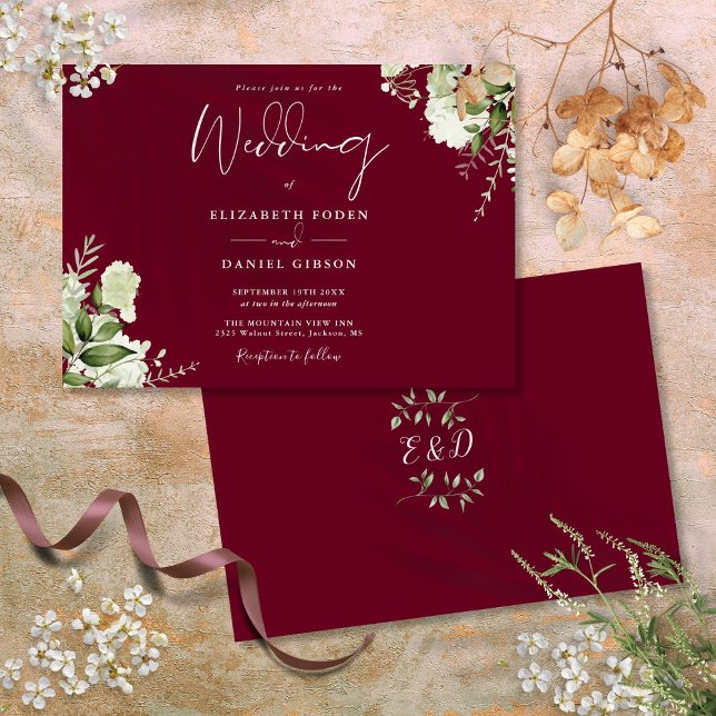 Botanische Grünpflanzen-Monogramm-Hochzeit Einladung (Burgundy Botanical Greenery Monogram Wedding Invitation)