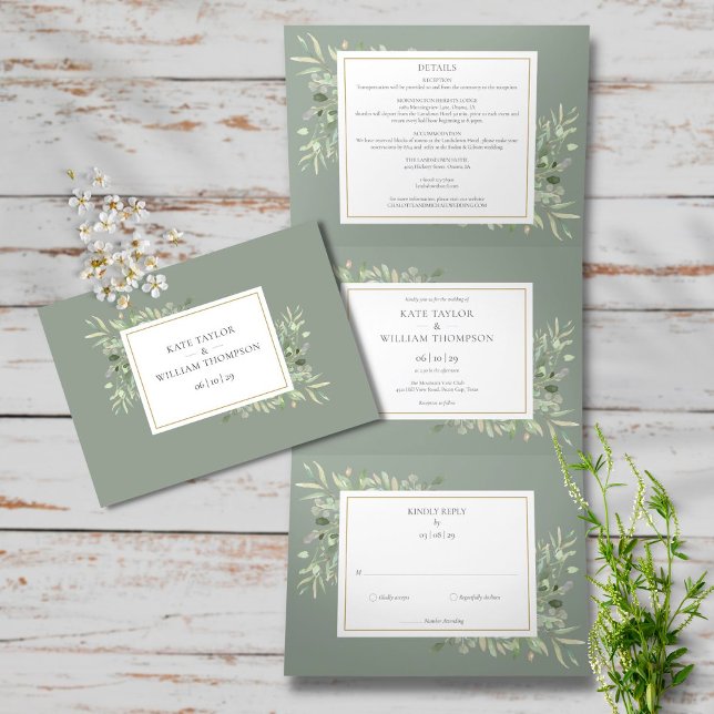 Botanische Grünpflanzen Sage Green Foto Hochzeit Dreifach Gefaltete Einladung (Von Creator hochgeladen)