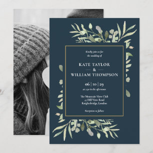 Botanische Grünpflanzen Tiefsee Blau Foto-Hochzeit Einladung