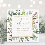 Botanische Grünpflanzen Weihnachtsdusche Platz Einladung<br><div class="desc">Diese Babydusche lädt mit gemalten Aquarelleukalyptusfarben,  grünen Blätter,  roten Beeren,  Kiefernästen und einem goldenen Rahmen aus Imitaten mit stilvoller Kalligrafie ein. Für eine weiter gehende Anpassung dieses Designs klicken Sie bitte auf den Link "Weitere Anpassung". Matching-Elemente sind ebenfalls verfügbar.</div>