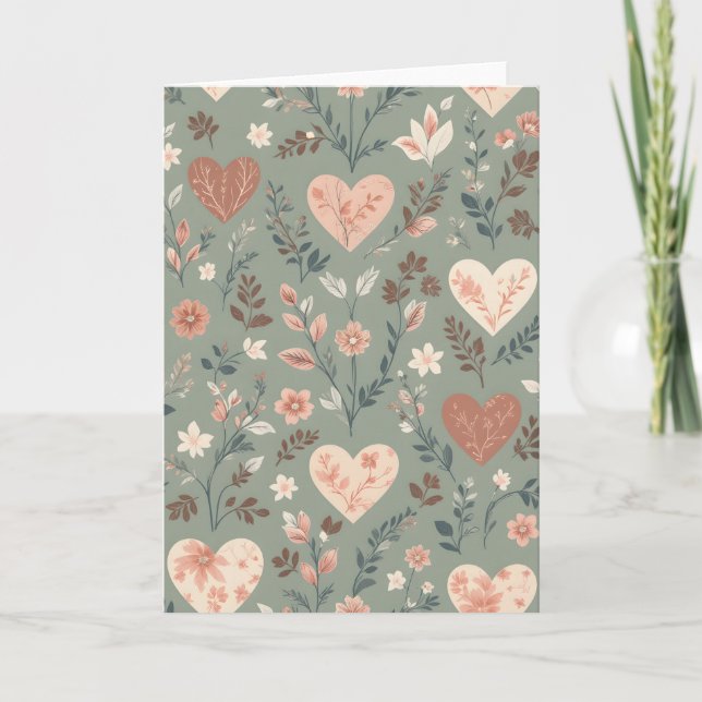 Botanische Herzen Romantisches Florales Nahtloses  Karte (Vorderseite)