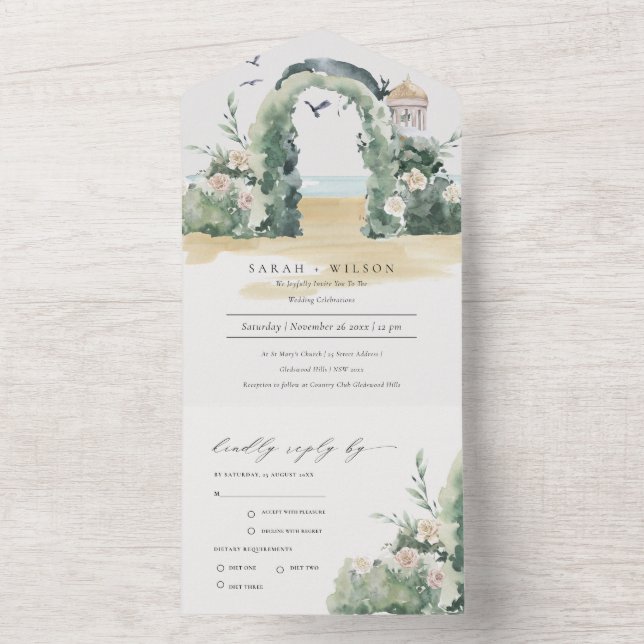 Botanische Hochzeit am Küstenstrand All In One Einladung (Innen Boden)