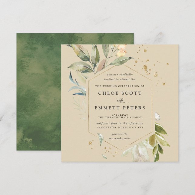Botanische Hochzeit auf dem eleganten Gold Einladung (Vorne/Hinten)