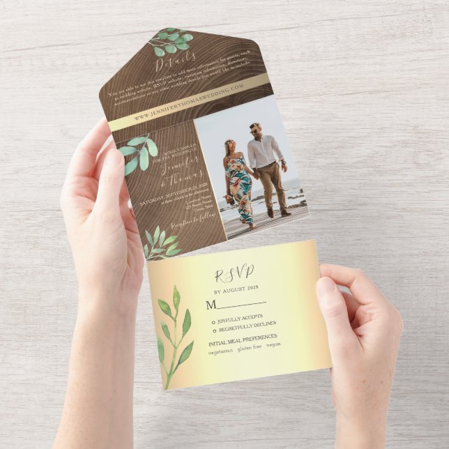 Botanische Hochzeit aus rustikalem Holz All In One Einladung (Abreißen)