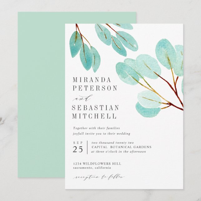 Botanische Hochzeit bei Eukalyptus Foliage Einladung (Vorne/Hinten)
