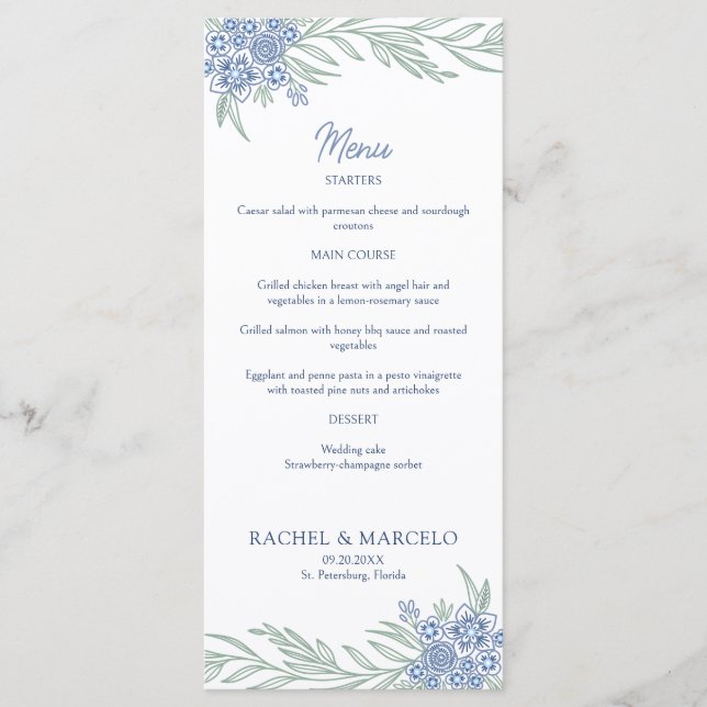 Botanische Hochzeit der blauen Marine Menükarte (Vorderseite)