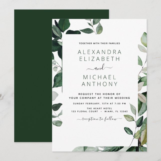Botanische Hochzeit der grünen Foliage Einladung (Vorne/Hinten)