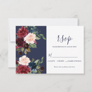 Botanische Hochzeit der Marine Burgundy Modern Sim RSVP Karte