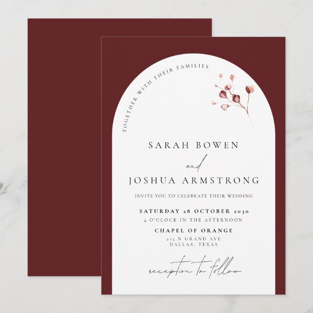 Botanische Hochzeit der modernen Burgundy Arch Einladung (Vorne/Hinten)