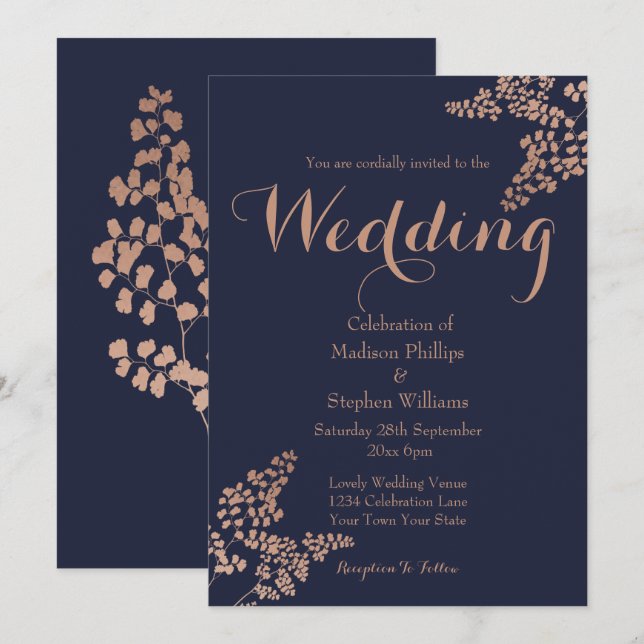 Botanische Hochzeit der Navy in Blau und Rose Einladung (Vorne/Hinten)
