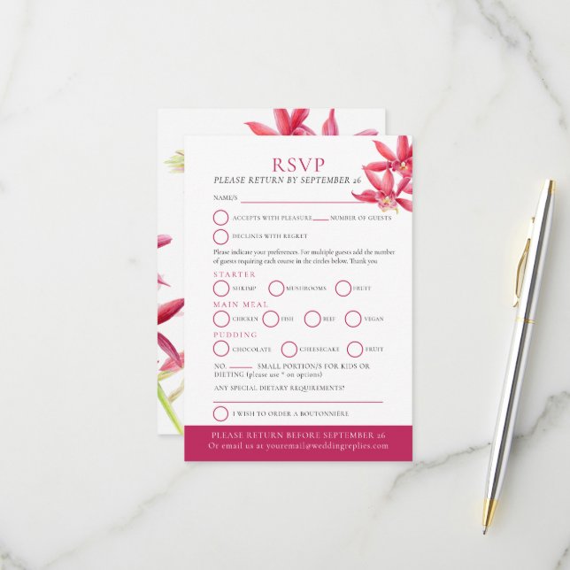 Botanische Hochzeit der Roten Orchidee RSVP Karte (Vorderseite/Rückseite Beispiel)