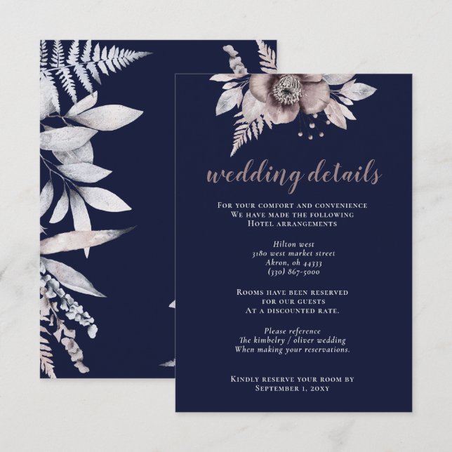 Botanische Hochzeit der Rustikalen Marine Mauve Begleitkarte (Vorne/Hinten)