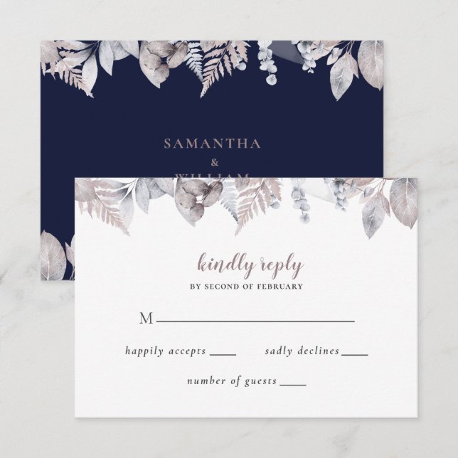 Botanische Hochzeit der Rustikalen Marine Mauve RSVP Karte (Vorne/Hinten)