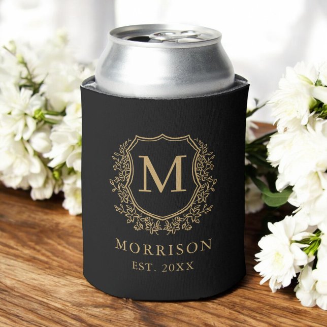 Botanische Hochzeit des Black Gold Monogram Wappen Dosenkühler (Von Creator hochgeladen)