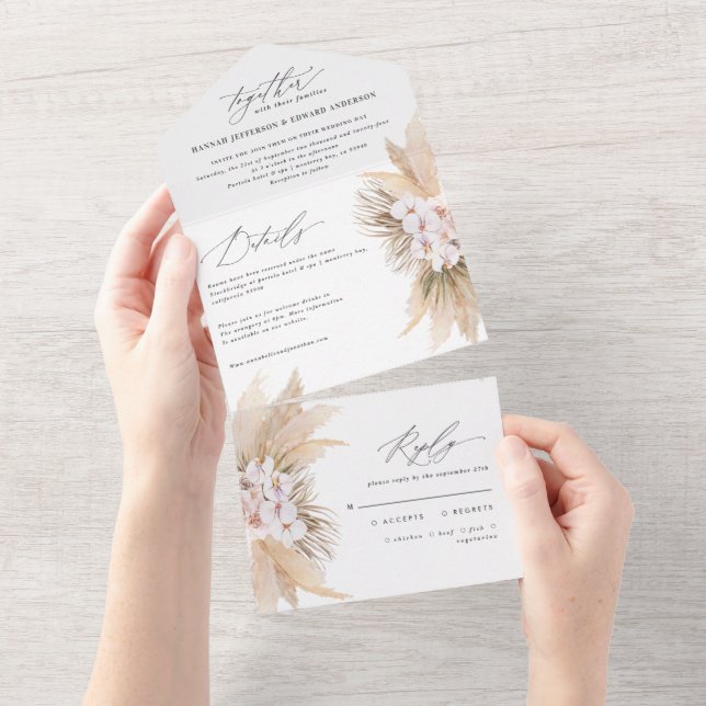 Botanische Hochzeit des Bohemian Pampas All In One Einladung (Abreißen)