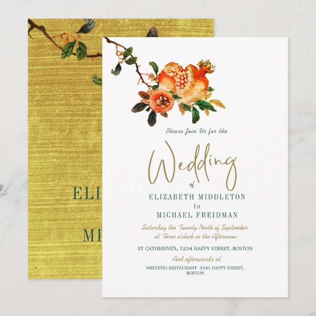 Botanische Hochzeit Gold Elegante Modernes Granata Einladung (Vorne/Hinten)