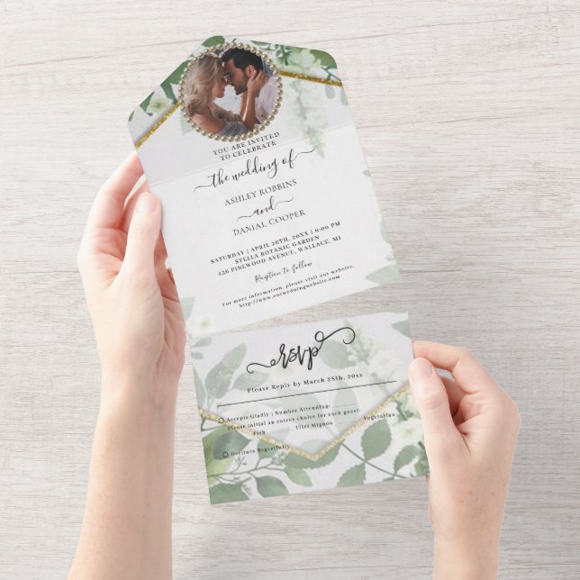 Botanische Hochzeit im Grünen All In One Einladung (Abreißen)