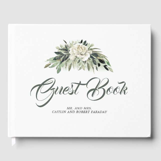 Botanische Hochzeit im Grünen und Weißen Peony Gästebuch (Vorderseite)