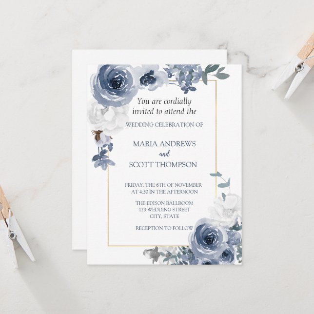 Botanische Hochzeit in blau-weißem Blütengold Einladung (Vorderseite/Rückseite Beispiel)