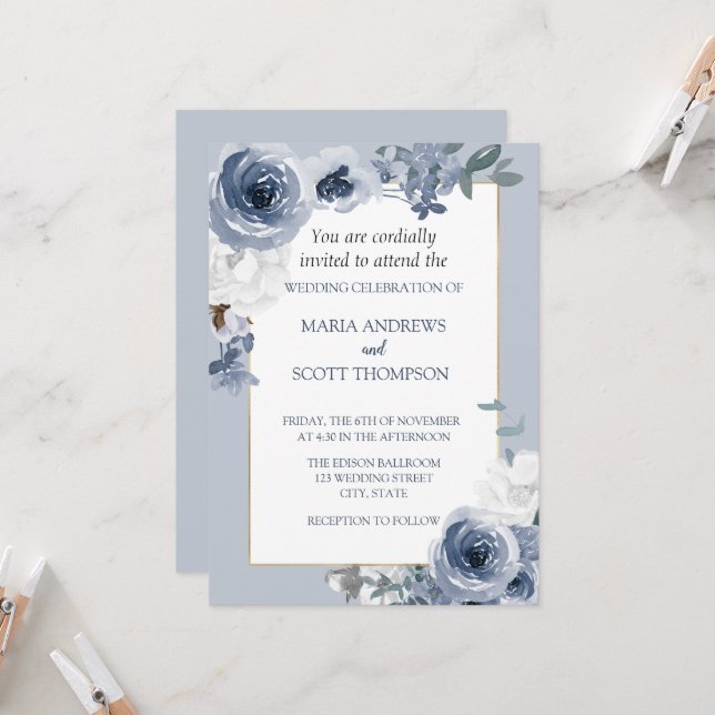 Botanische Hochzeit in blau-weißem Blütengold Einladung (Vorderseite/Rückseite Beispiel)
