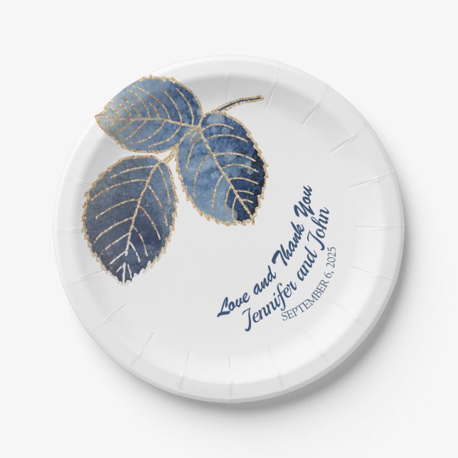 Botanische Hochzeit in Blue Gold Pappteller (Vorderseite)