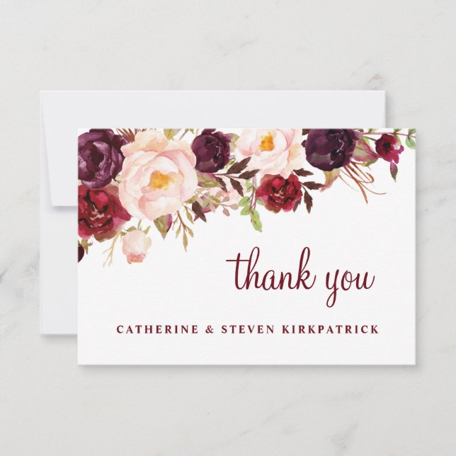 Botanische Hochzeit in Burgund und Rosa Dankeskarte (Vorderseite)