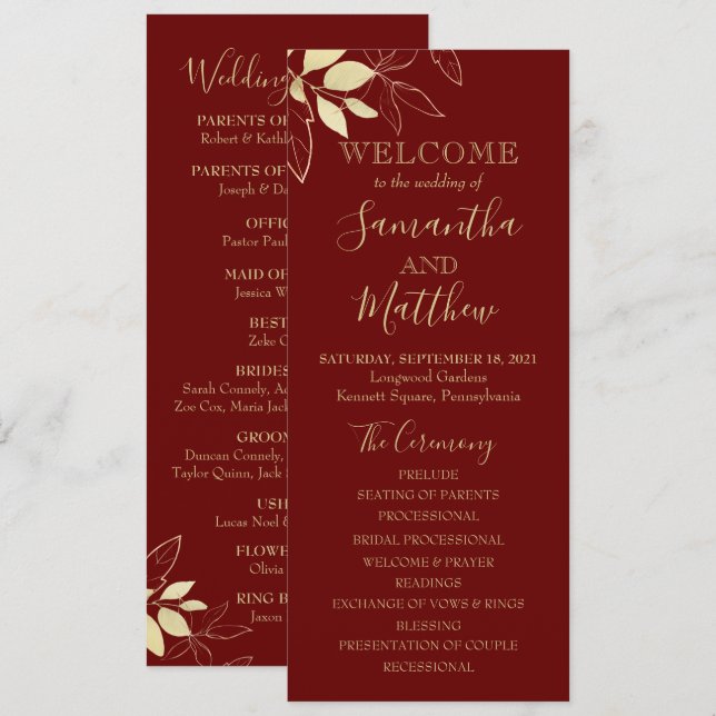 Botanische Hochzeit in dunkelrot & goldblättern Programm (Vorne/Hinten)