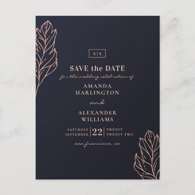 Botanische Hochzeit in Gold der Marine. Blau Save  Postkarte (Vorderseite)