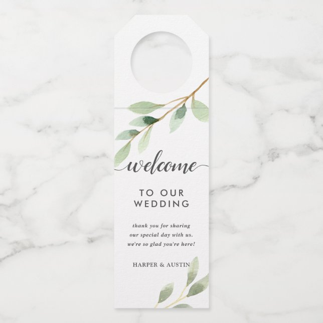 Botanische Hochzeit in Grünblättern Flaschenanhänger (Vorderseite)