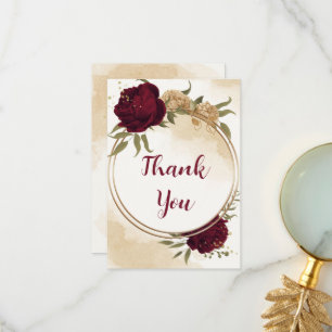 Botanische Hochzeit in Maroon-Beige Dankeskarte
