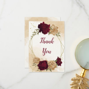 Botanische Hochzeit in Maroon-Beige Dankeskarte