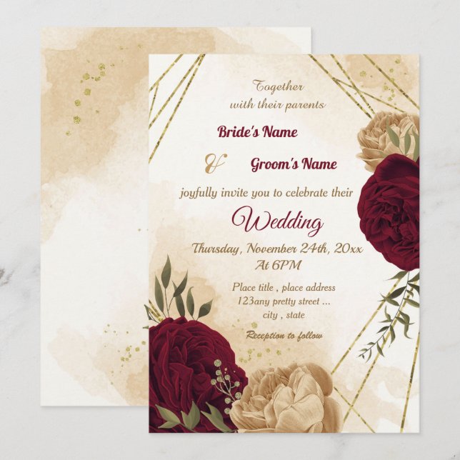 Botanische Hochzeit in Maroon-Beige Einladung (Vorne/Hinten)
