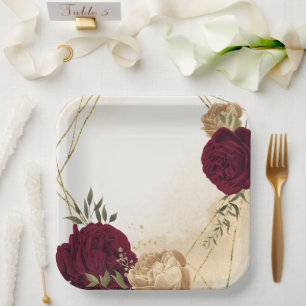 Botanische Hochzeit in Maroon-Beige Pappteller