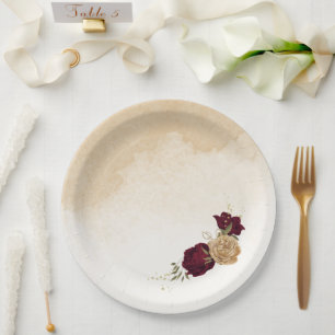 Botanische Hochzeit in Maroon-Beige Pappteller