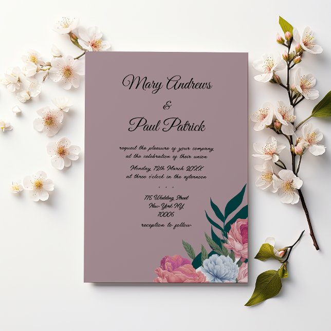 Botanische Hochzeit in Rosa Einladung (Country mauve pink botanical floral Wedding )