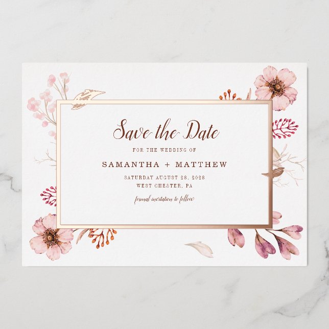 Botanische Hochzeit in Rosa Save the Date Folieneinladung (Vorderseite)
