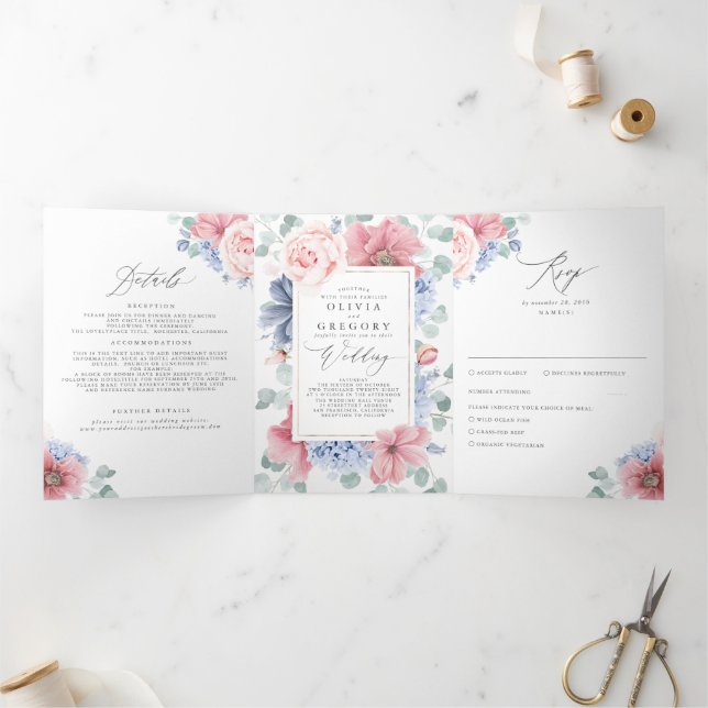 Botanische Hochzeit in Rosa und Blau Dreifach Gefaltete Einladung (Innenseite)