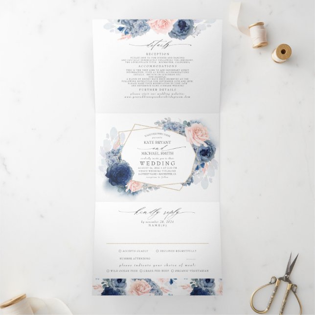 Botanische Hochzeit in Rosa und Blau Dreifach Gefaltete Einladung (Innenseite)