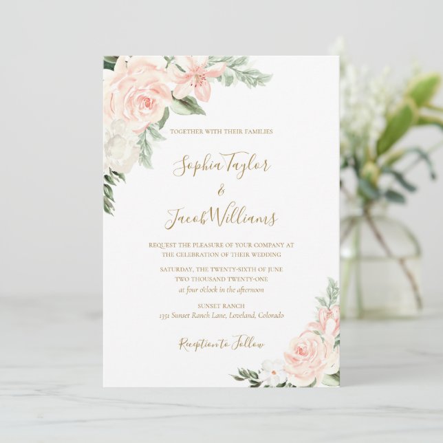 Botanische Hochzeit in Rosa und Gold Einladung (Stehend Vorderseite)